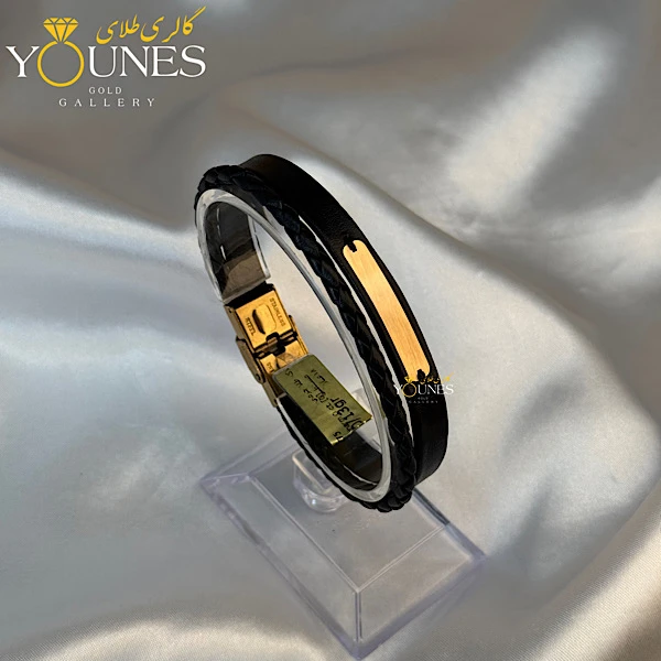 دستبند چرم مردانه طلا گیس بافت مشکی